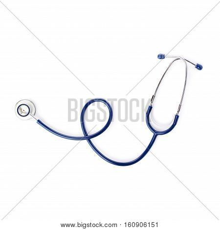 Close up view of blue stethoscope over isolated white background