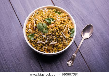 dry and simple moong dal usal or healthy sprouted Green gram spicy usal, fried in oil