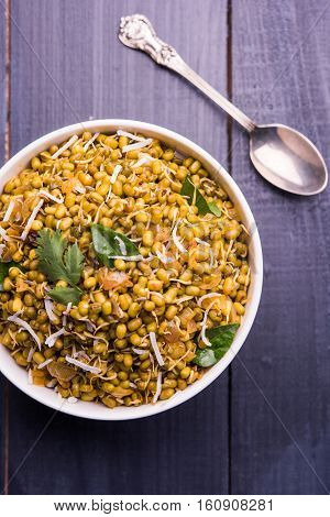 dry and simple moong dal usal or healthy sprouted Green gram spicy usal, fried in oil