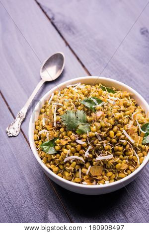 dry and simple moong dal usal or healthy sprouted Green gram spicy usal, fried in oil