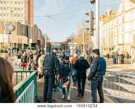 STRASBOURG FRANCE - DEC 9 2016: Police check-point verifying all pedestrian before entering city center after extreme secure measures have been taken to prevent any terrorist attacks