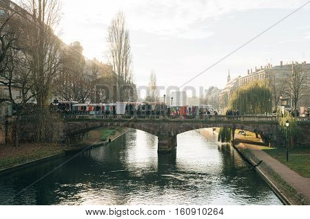 STRASBOURG FRANCE - DEC 9 2016: Police check-point on bridge verifying all pedestrian before entering city center after extreme secure measures have been taken to prevent any terrorist attacks