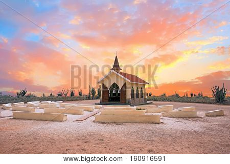 Alto Vista Chapel on Aruba island in the Caribbean at sunset