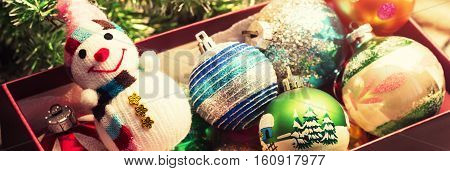 Christmas decoration background. Retro style toned image