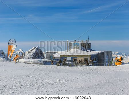 Mt. Titlis, Switzerland - 9 March, 2016: view on the top of the mountain. Titlis is a mountain located on the border between the cantons of Obwalden and Bern, mainly accessed from the town of Engelberg.