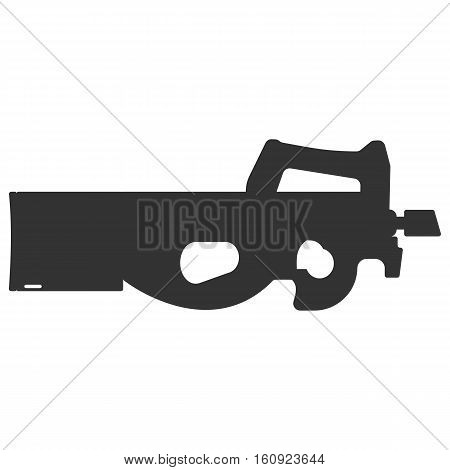 Submachine gun silhouette security and military weapon. Metal automatic gun. Criminal and police firearm vector illustration isolated on white.