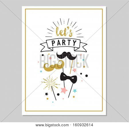 Chick Party glitter greeting card and invitation. Gold hearts, speech bubbles, stars and other elements. Vector element, backgrounds. Gold, pink and blue sparkle, chic style