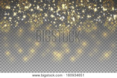 Gold Christmas ligthts and snowflakes on transparent background. Vector illustrations.