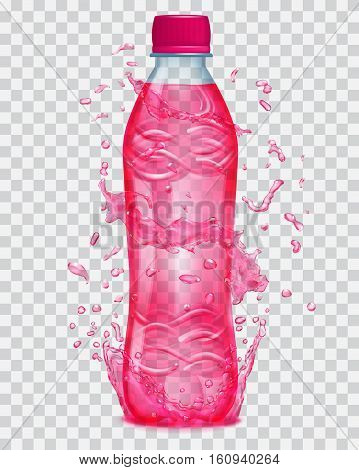 Transparent Water Splashes In Red Colors Around A Transparent Plastic Bottle With Red Juice