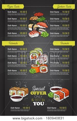 Restaurant vertical color sushi menu design on blackboard. Back