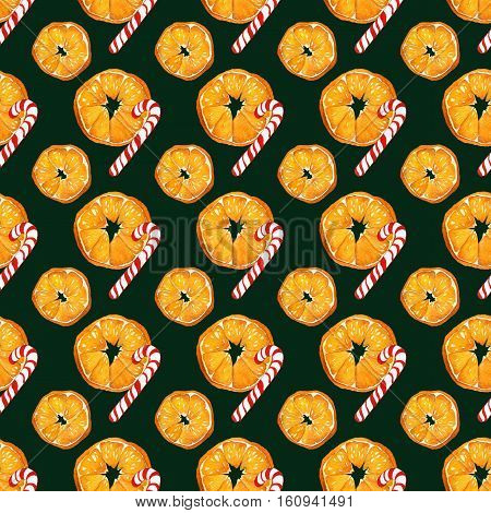 christmas seamless pattern with oranges and candy canes on dark green background. watercolor holiday illustration