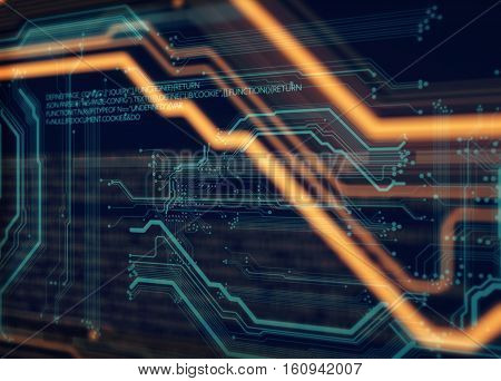 Orange green background with printed, circuit, board and html code