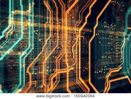 Orange, green background with printed circuit board and html code