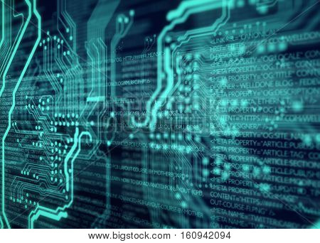 Green  background printed circuit board with html code