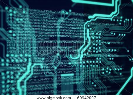 Green background with printed circuit board and html code