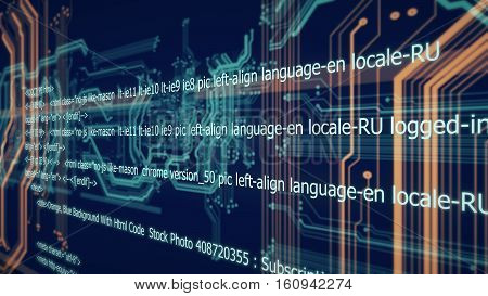 Orange blue background with html code 3D illustration