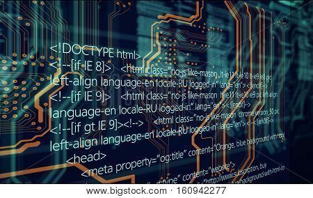 Orange blue background with html code 3D illustration
