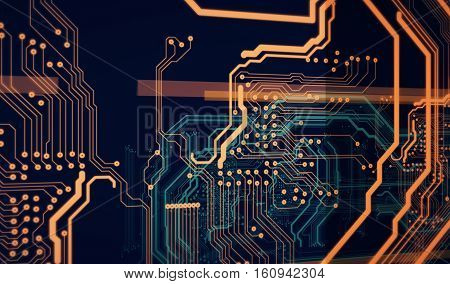 Orange, green background with digital integrated network technology 3D illustration
