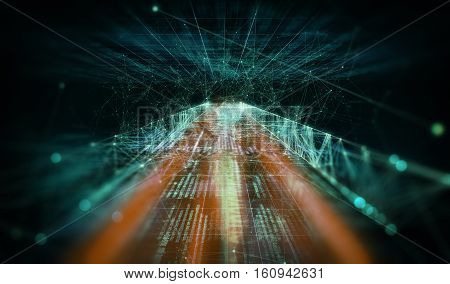 Abstract dark background with connecting dots and lines. Connection structure digital code. 3d illustration