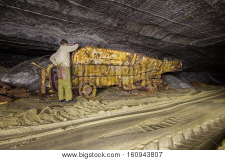 Abandoned varicoloured salt mine shaft tunnel carnallite