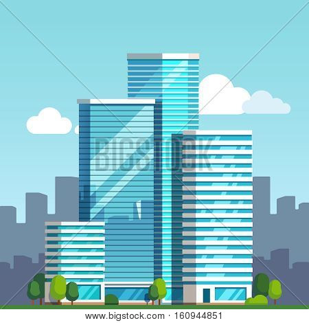 Scenic view of a city downtown landscape with high glass skyscrapers piercing blue sky clouds. Modern flat style vector illustration.