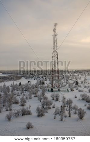 Telecommunications tower and satellite dish telecom network on evening sky with sundown and winter north forest