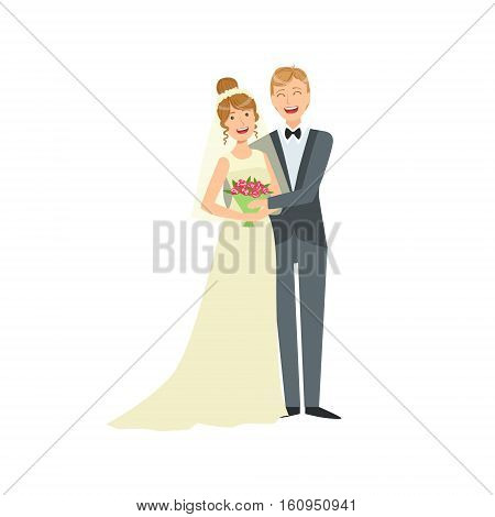 Bride And Groom Newlywed Couple In Traditional Wedding Dress And Suit Holding Each Other In Arms Smiling And Posing For Photo. Happy Young Couple On A Wedding Day In Classic Clothing Vector Illustration.