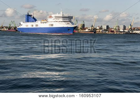 Sea ferry go in the port of Klaipeda Lithuania