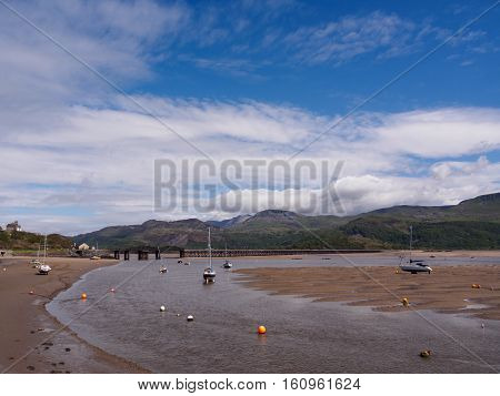 Barmouth harbour and estuary on a bright May spring day.