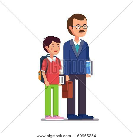 Father professor or school teacher standing with his son or student. Both holding tablet computers and smiling. Flat style modern vector illustration isolated on white background.