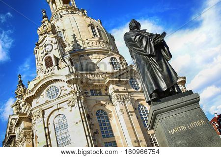 Frauenkirche (Our Lady church) and statue Martin Luther in the center of old town in Dresden Germany