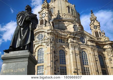 Frauenkirche (Our Lady church) and statue Martin Luther in the center of old town in Dresden Germany