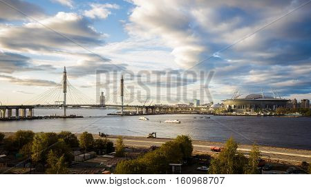 view of the River Neva and the construction of the stadium Zenit Arena on the Cross Island in St. Petersburg. September 14. 2016