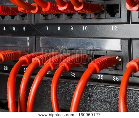 Server rack with red internet patch cord cables connected to patch panel in server room