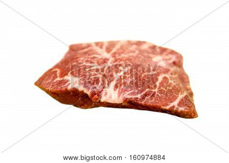Raw Steak Flat Iron  Beef Lies On A White Background. Marbl