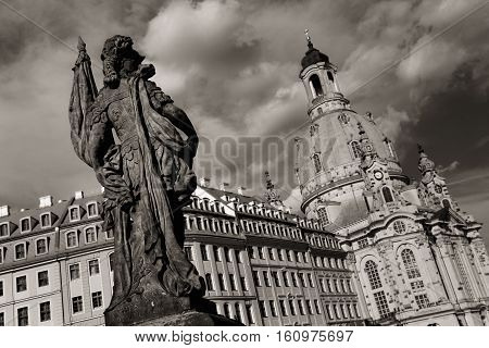View from Turks fountain (Friedensbrunnen) to Church of Our Lady in Dresden Germany