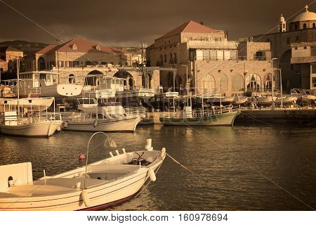 A view of the Batroun's fishing port a Lebanese coastal town in the afternoon.