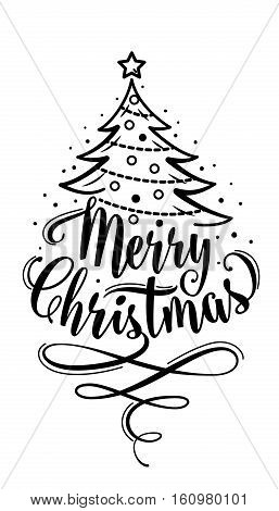 Vector illustration of merry christmas lettering text sign. Hand drawn holiday congratulation greeting template for xmas design. Christmas decoration with swirl symbol and fir-tree isolated on white