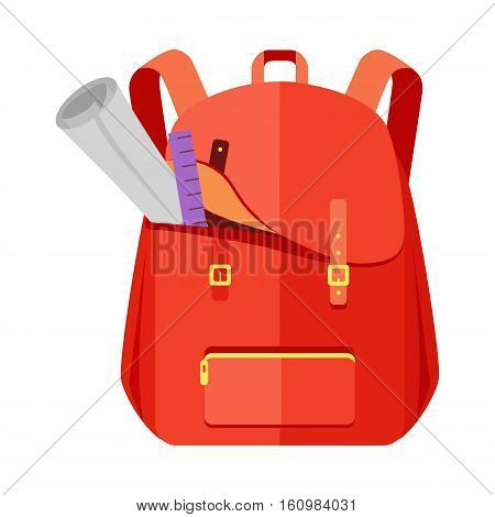 Rred backpack schoolbag icon in flat style. Hiking backpack. Kids backpack with notebook and ruler, education and study school, rucksack, urban backpack vector illustration on white background