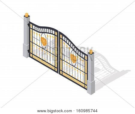 Iron gates opens and closes from the middle isolated on white. Fence with columns. Isometric projection. Metal gates, wrought iron, lattice and golden gates and fences for yard. Flat style. Vector
