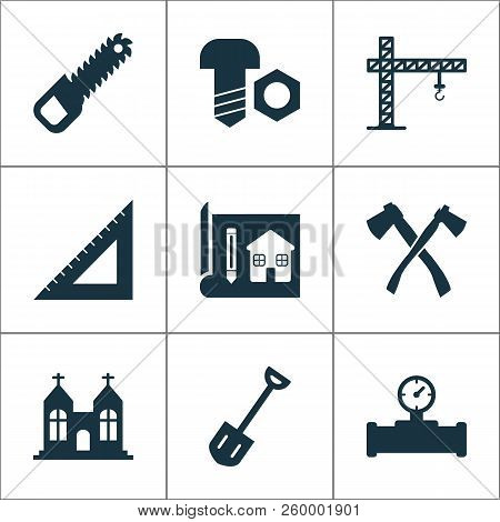 Construction Icons Set With Chapel, Pipe With Sensor, Bolt With Nut And Other Hatchet Elements. Isol