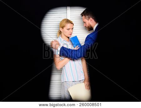 If You Are Witness Of Rights Violation. View Through Keyhole. Woman Suffer From Violence In Office. 
