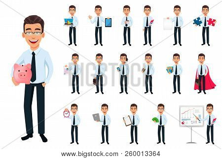 Business Man, Set Of Eighteen Poses. Cartoon Character With Different Things. Young Handsome Smiling