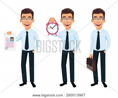 Business Man, Set Of Three Poses. Cartoon Character Holding Document; Holding Alarm Clock And Holdin