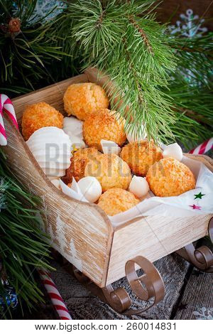 Coconut Cookies Macarons With Copra On A White Background Closeup