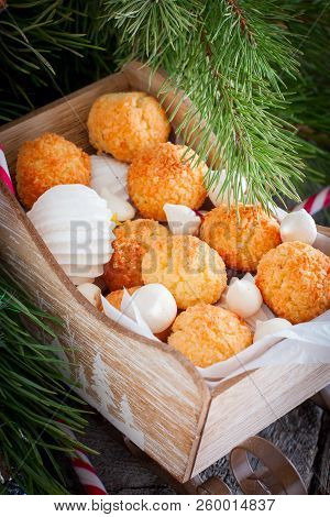 Coconut Cookies Macarons With Copra On A White Background Closeup