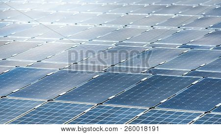 Rows Array Of Solar Panels Or Polycrystalline Silicon Solar Cells In Solar Power Plant Using Sunligh