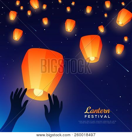 Hands Releasing Lanterns Into Night Sky. Vector Illustration. Traditional Background For Chinese New