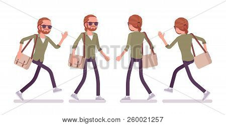 Young Red-haired Man Walking And Running. Caucasian Boy With Ginger Ponytail Hairstyle And Beard, We