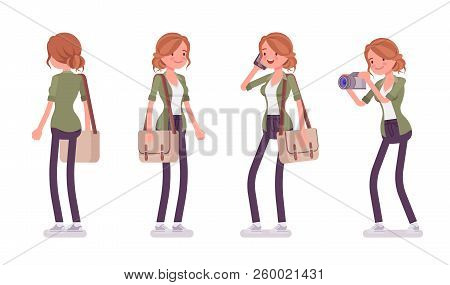 Young Red-haired Woman Standing. Caucasian Attractive Girl With Ginger Hairstyle, Wearing Urban Jack